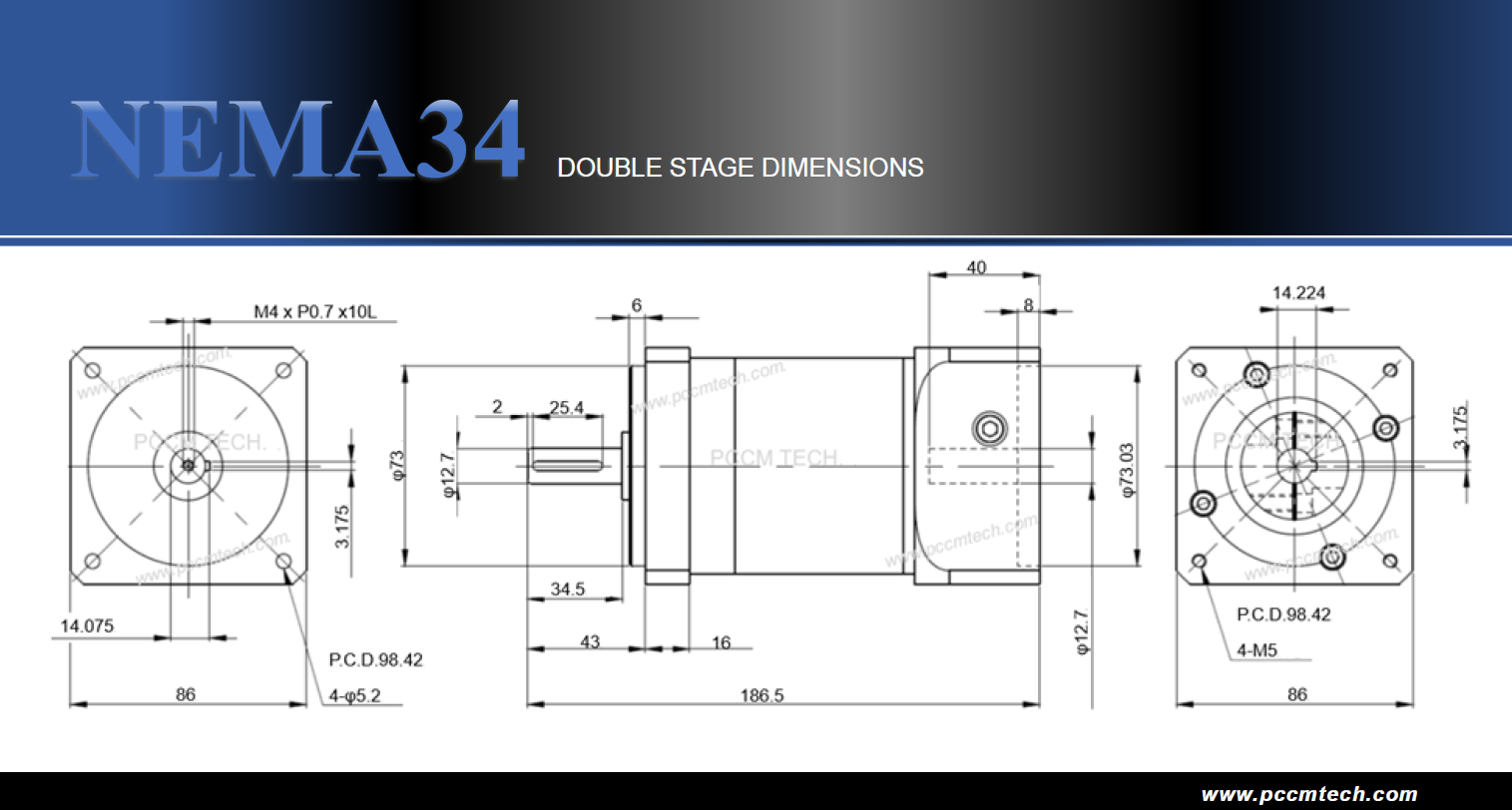 NEMA34 double stage dimensions planetary gearboxes PCCM TECH