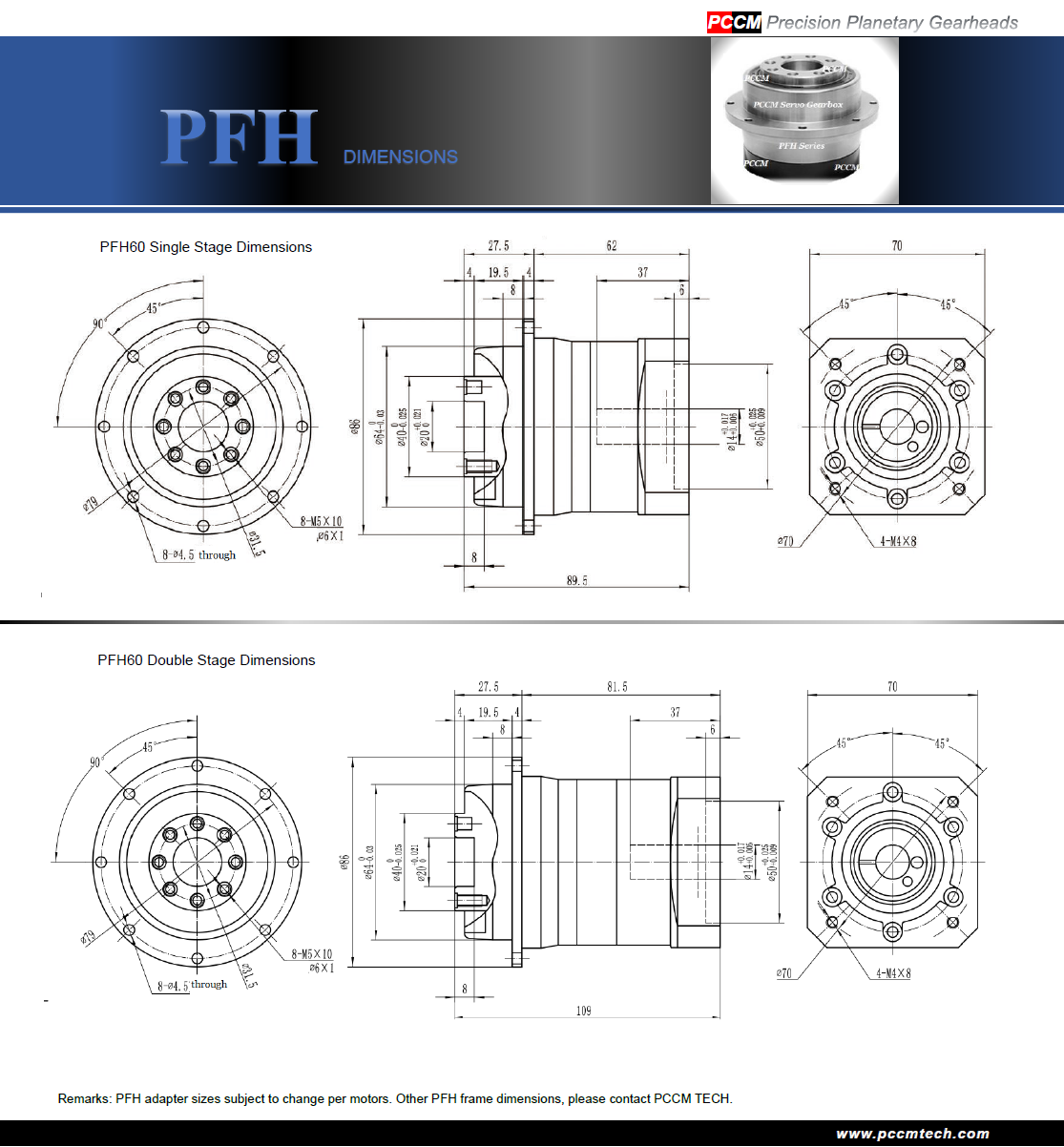 PFH060 series planetary gearheads dimensions PCCM TECH