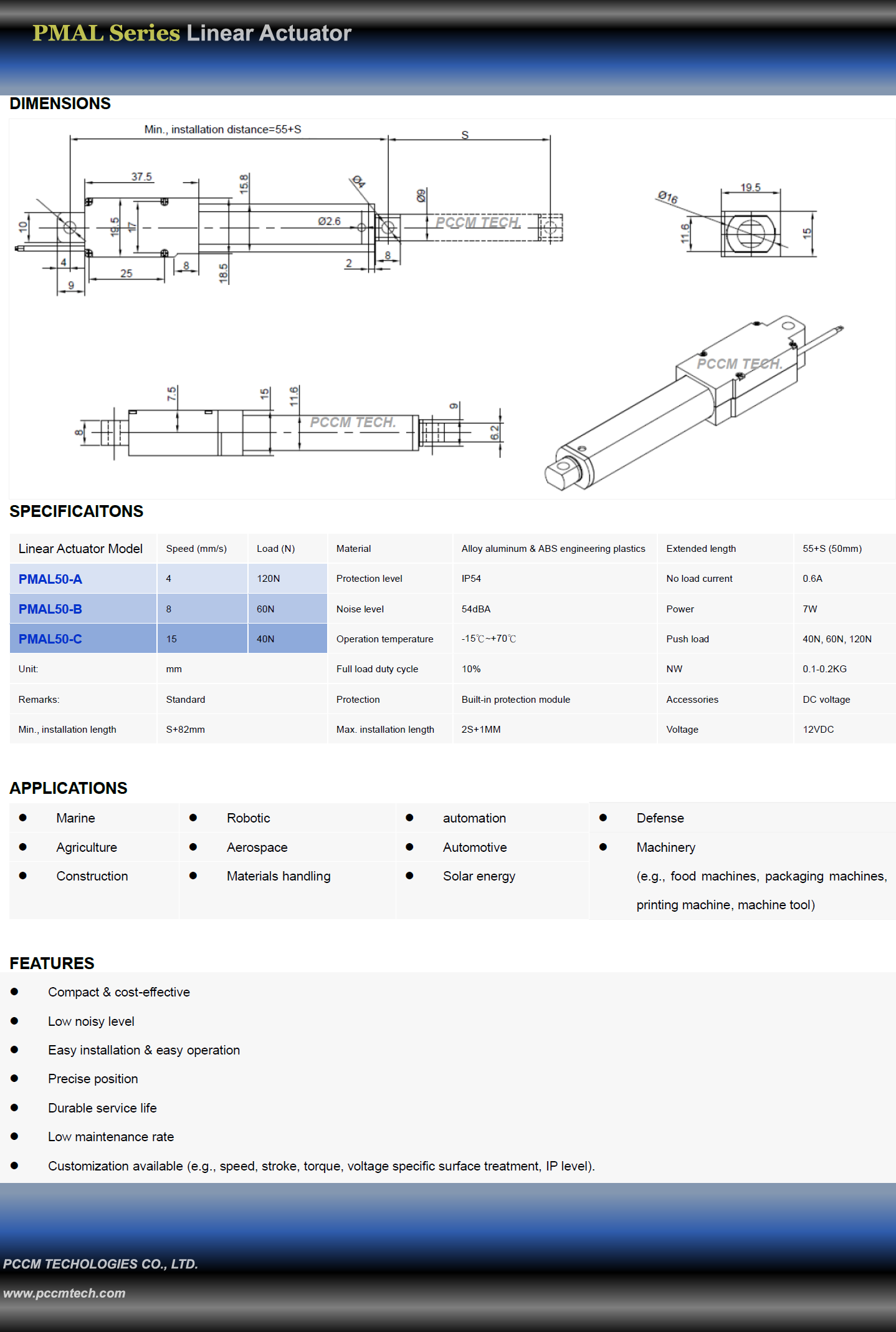 PMAL SERIES LINEAR ACTUATOR SPECIFICATIONS DIMENSIONS APPLICATIONS FEATURES PCCM TECH